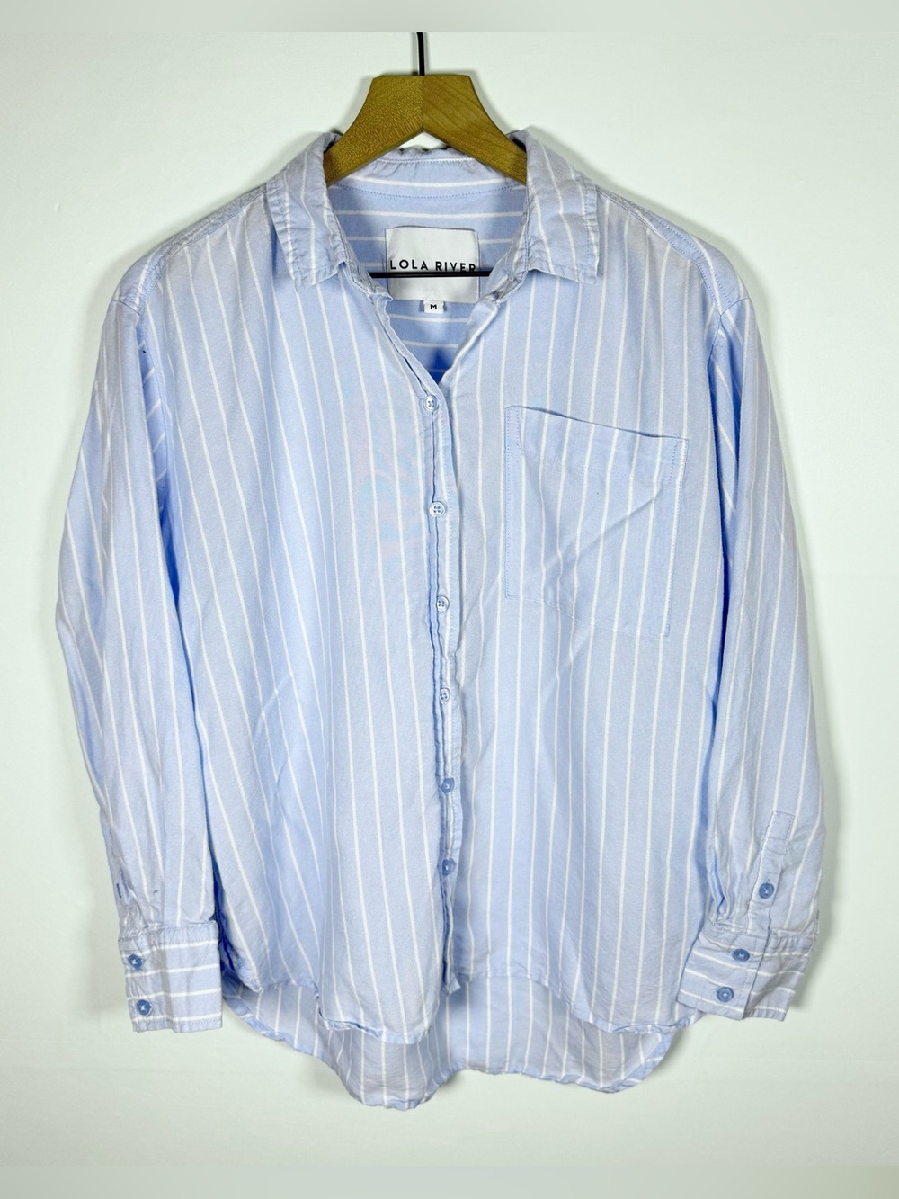 LOLA RIVER Women’s Blue Striped Button Up Preppy Top 100% Soft Tencel Sz M